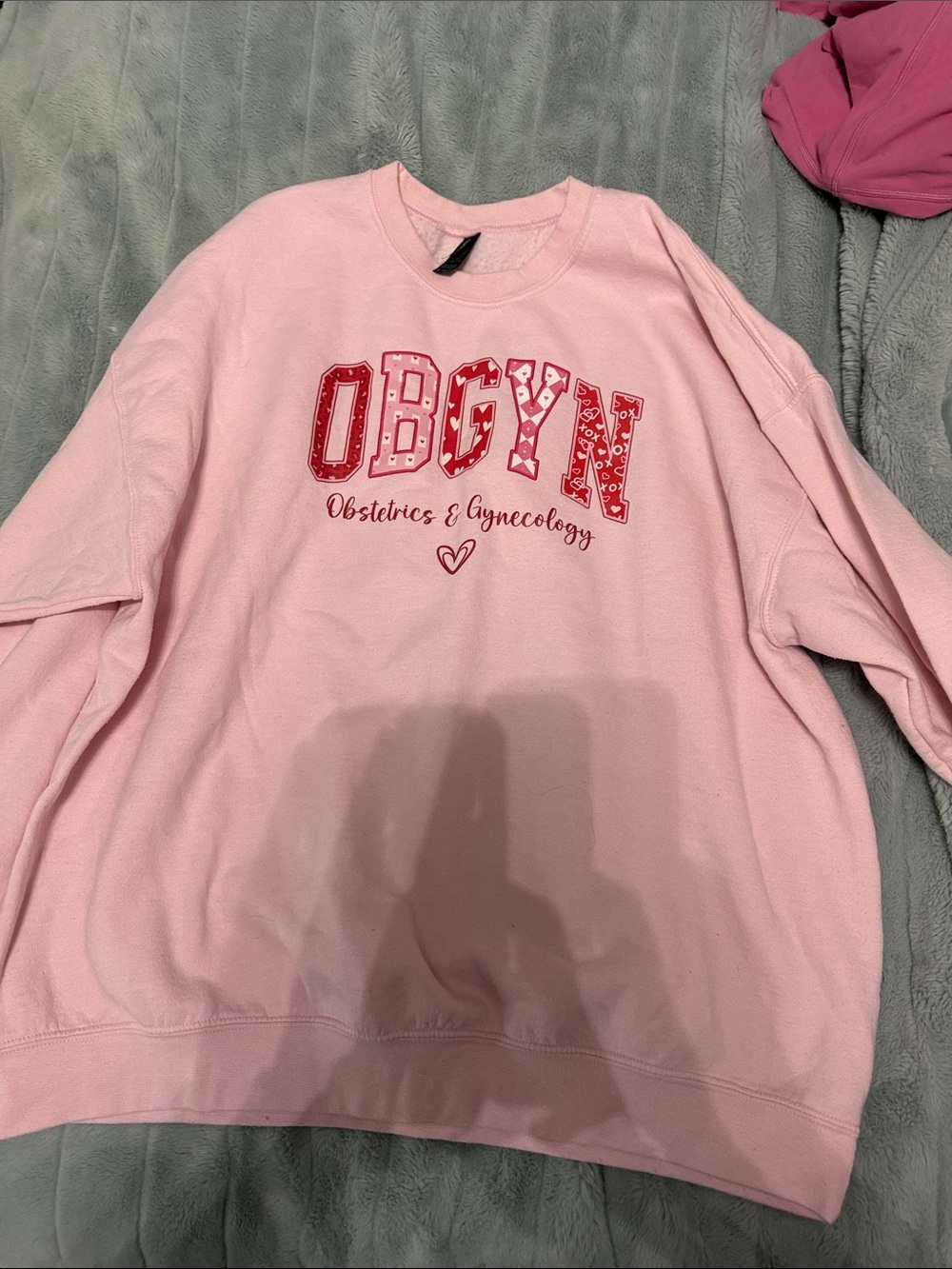 Gildan Pink Crewneck Sweatshirt with Red OBGYN Applique